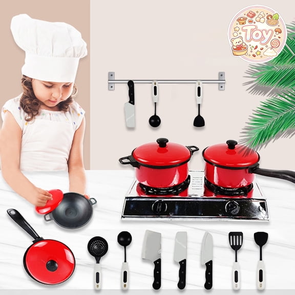 Mini Stove Cookware Pretend Playset with Pots, Pans, Knives, Home Chef Cooking Pretend Play Toys, Kitchen Role Play Kit, Christmas Birthday Gifts, Toys for Age 3 Toddler Baby Kids Boys Girls