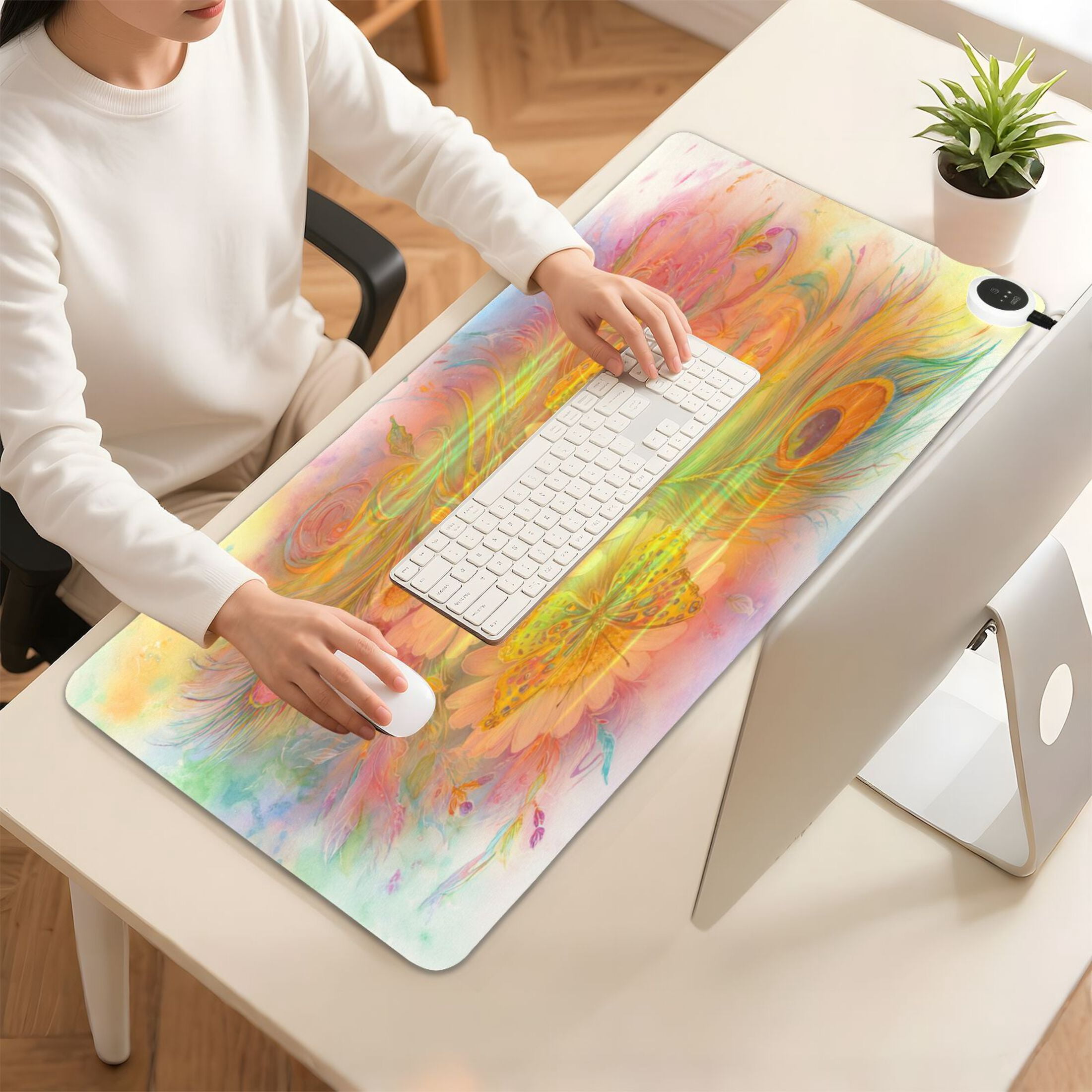 Large Heated Desk Mat Mouse Pad 31.5"x13"PU Leather Graphene Heating Desk Warmer with 3 Temperature Settings 110V US Plug Non-Slip Warm Pad for Home, Office, and Gaming Peacock Feathers Art Pattern