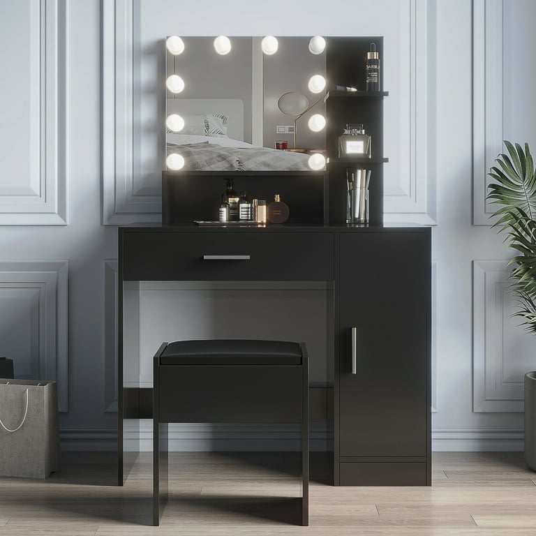 Modern Dressing table with 1 Drawers 1 cabinet Rectangular Makeup Table with Mirror Open Shelves 35.43 15.75 52.76inch for Bedroom Black