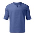 thumbnail image 5 of USNSM Men's Casual Cotton Linen T-Shirt&Pants 2 PC Sets V-Neck Long Sleeve Pullover Shirt & Lace-Up Elastic Waist Straight Leg Long Trouser Homewear Suits Beach Vacation Outfit Blue S, 5 of 9