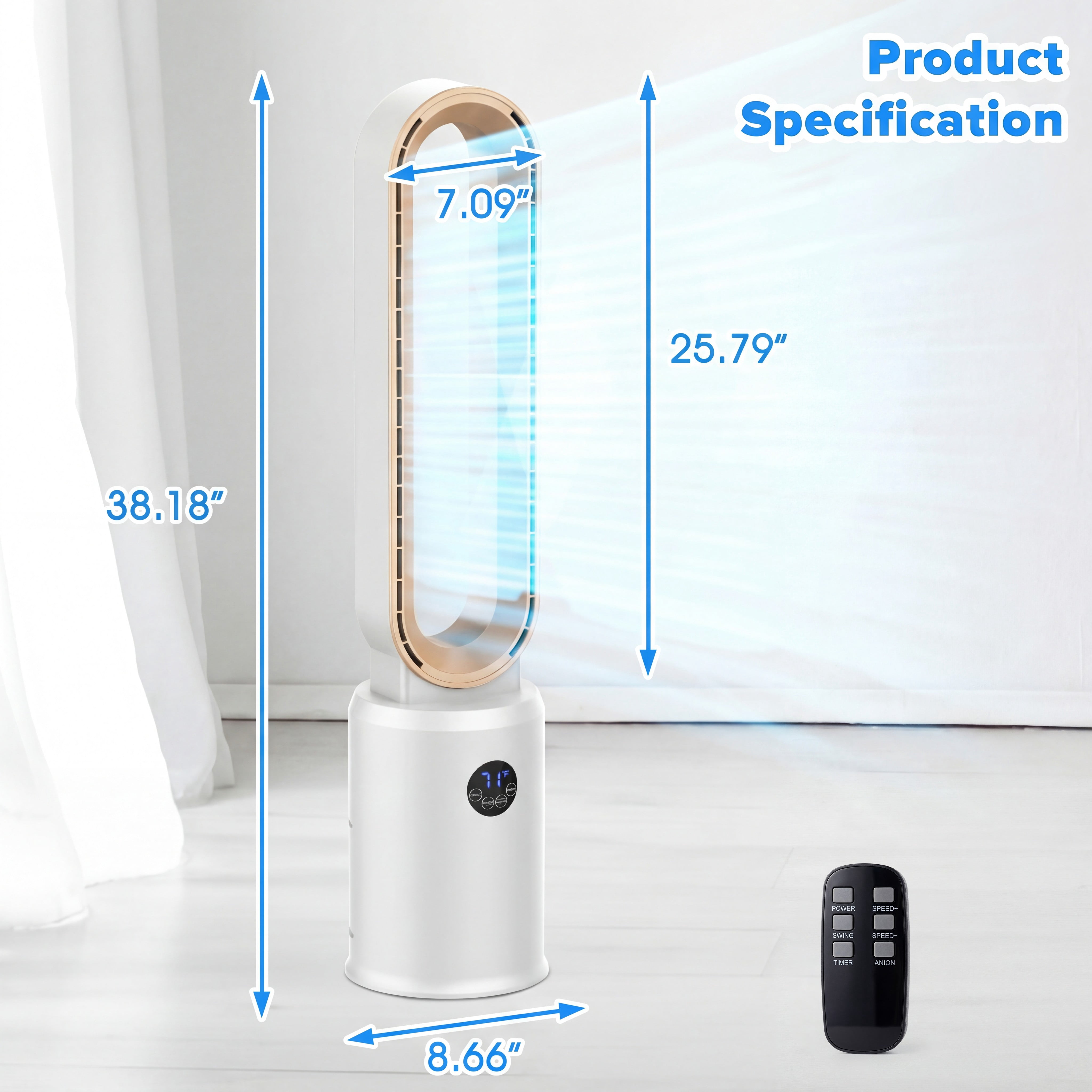 Advwin 38"Bladeless Tower Fan, Quiet Cooling Air Circulator with 60° Oscillation, 24 Speeds, Gold