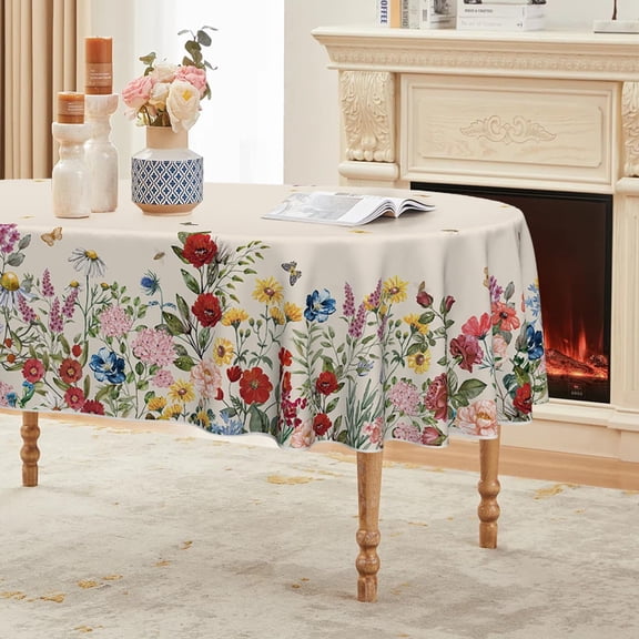 Spring Tablecloth 60×84 Inch Oval, Vintage Flowers Beige Washable Seasonal Table Cover for Party Picnic Dinner Decor