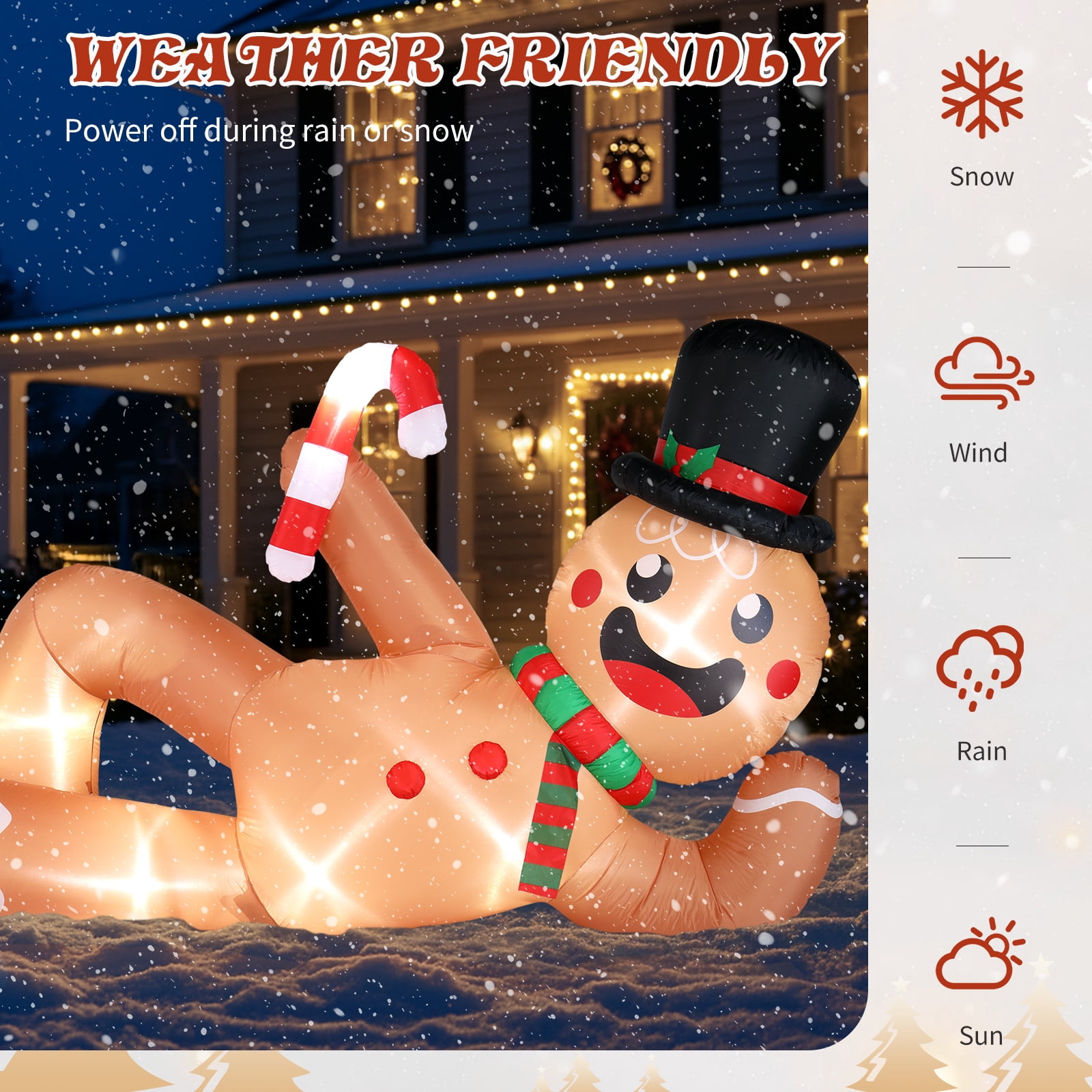 9.8ft Reclining Gingerbread Man, 6 LED Lights, Drawstring Bag, Christmas Inflatable Decoration, 12V, 1500mA, US Standard