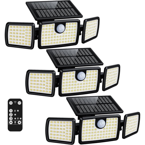 Lumières Solaires Extérieures, 3 Têtes de Lumières Solaires à Mouvement Extérieures avec une Luminosité de 2500LM, Panneau Solaire en Verre Trempé Intégré Plus Grand, Inducteur de Mouvement PIR Sensible (Lot de 3)