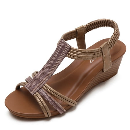 

Wedge Sandals for Women Bohemia Elastic Ankle Strap Sandals Open Toe Flower Rhinestone Summer Platform Shoes Sandal