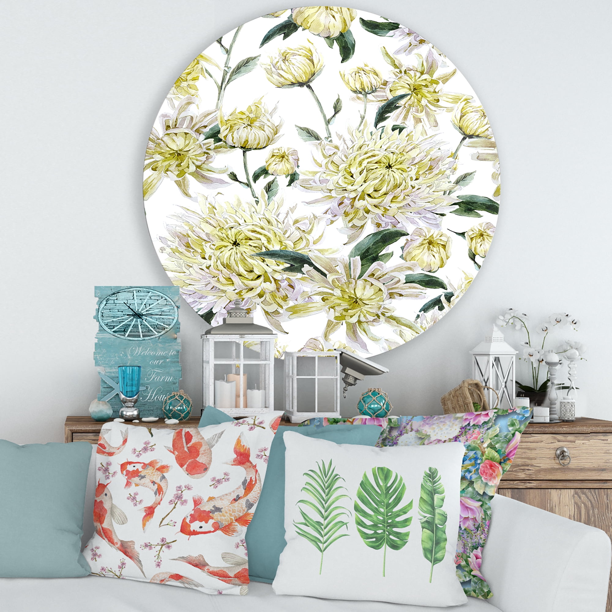 Designart 'Ancient Yellow Chrysanthemus I' Traditional Circle Metal Wall Art 36x36 - Disc of 36