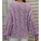 thumbnail image 4 of Jersey de manga larga abombada con cuello redondo para mujer, suéter holgado elegante de Color puro, suéter de punto con Cable hueco, morado S, 4 of 6