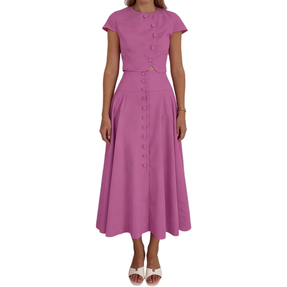Women'S 2 Piece Skirt Sets Summer Short Sleeve Top Flowy Long Skirts Travel Vacation Outfits Pink M