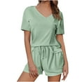 thumbnail image 2 of Hrsba Solid Color V Neck Short Sleeve Tops with Drawstring Waist Shorts 2 Piece Set for Women Summer Casual Daily Outfits, 2 of 5