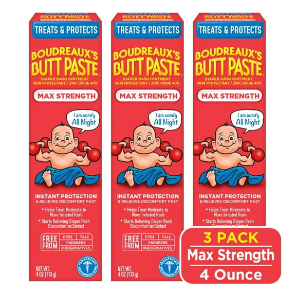 Boudreaux's Butt Paste Maximum Strength, Baby Diaper Rash Cream, Ointment, 4 oz, 3 Pack