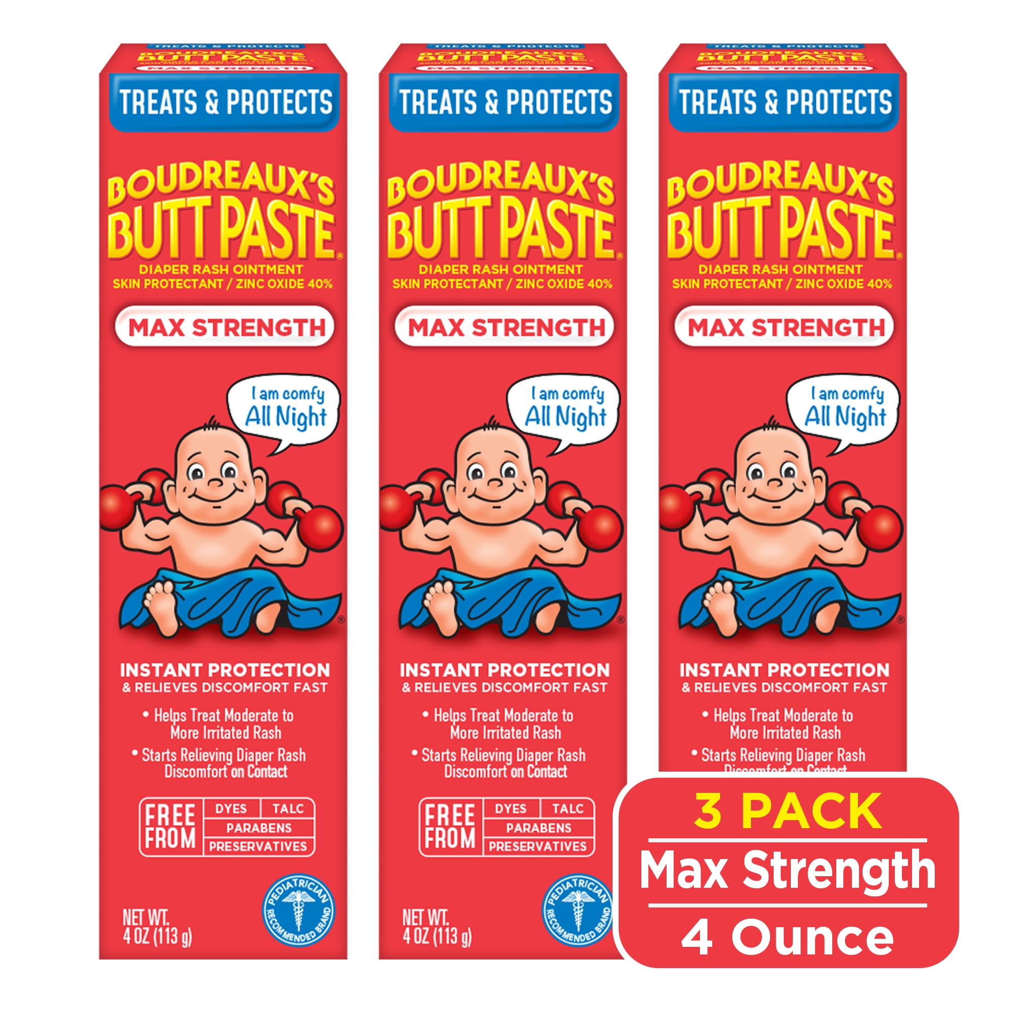 Boudreaux's Butt Paste Maximum Strength, Baby Diaper Rash Cream, Ointment, 4 oz, 3 Pack