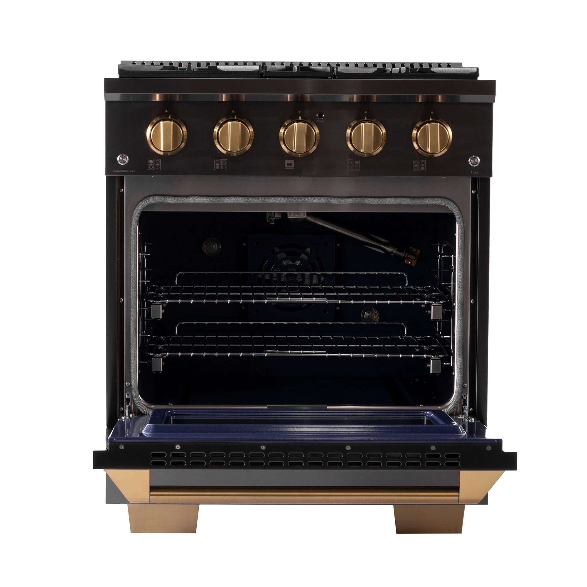 Gemstone. Dual Fuel Range for Natural Gas in Titanium SS + Wall Mount Range Hood