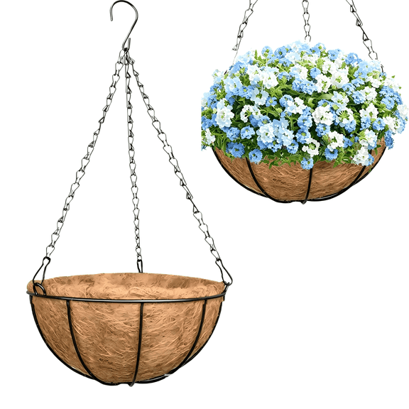 2 Pack 14 Inch Hanging Baskets for Plants Outdoor, Metal Wire Round Planters with Coco Liner, Hanging Flower Baskets for Home Garden Porch Balcony Railings Decor