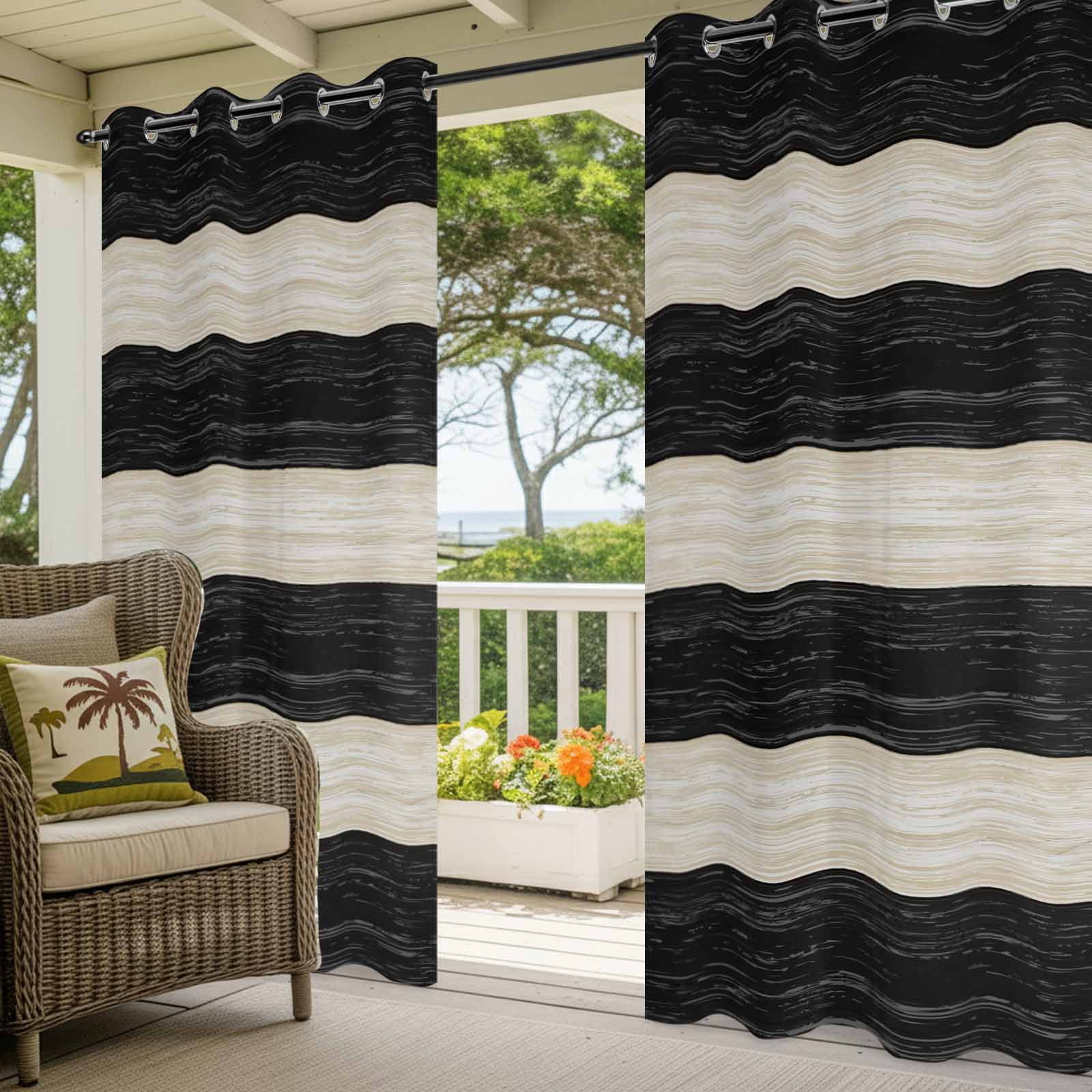 Outdoor Curtains for Patio Waterproof, Black Cream Striped Windproof Pravicy Outside Porch Blackout Curtain, Farmhouse Vintage Shabby Chic Wood Grain Sun Blocking Curtains for Cabana 54"x108"