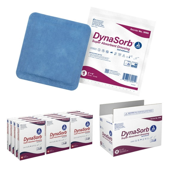 Dynarex DynaSorb Super Absorbent Dressings, Sterile Wound Care, Soft & Absorbent, Multi-Layered, One-Piece, Waterproof, Non-Adhering, 6” x 6”, 1 Case of 120 Super Absorbent Dressings