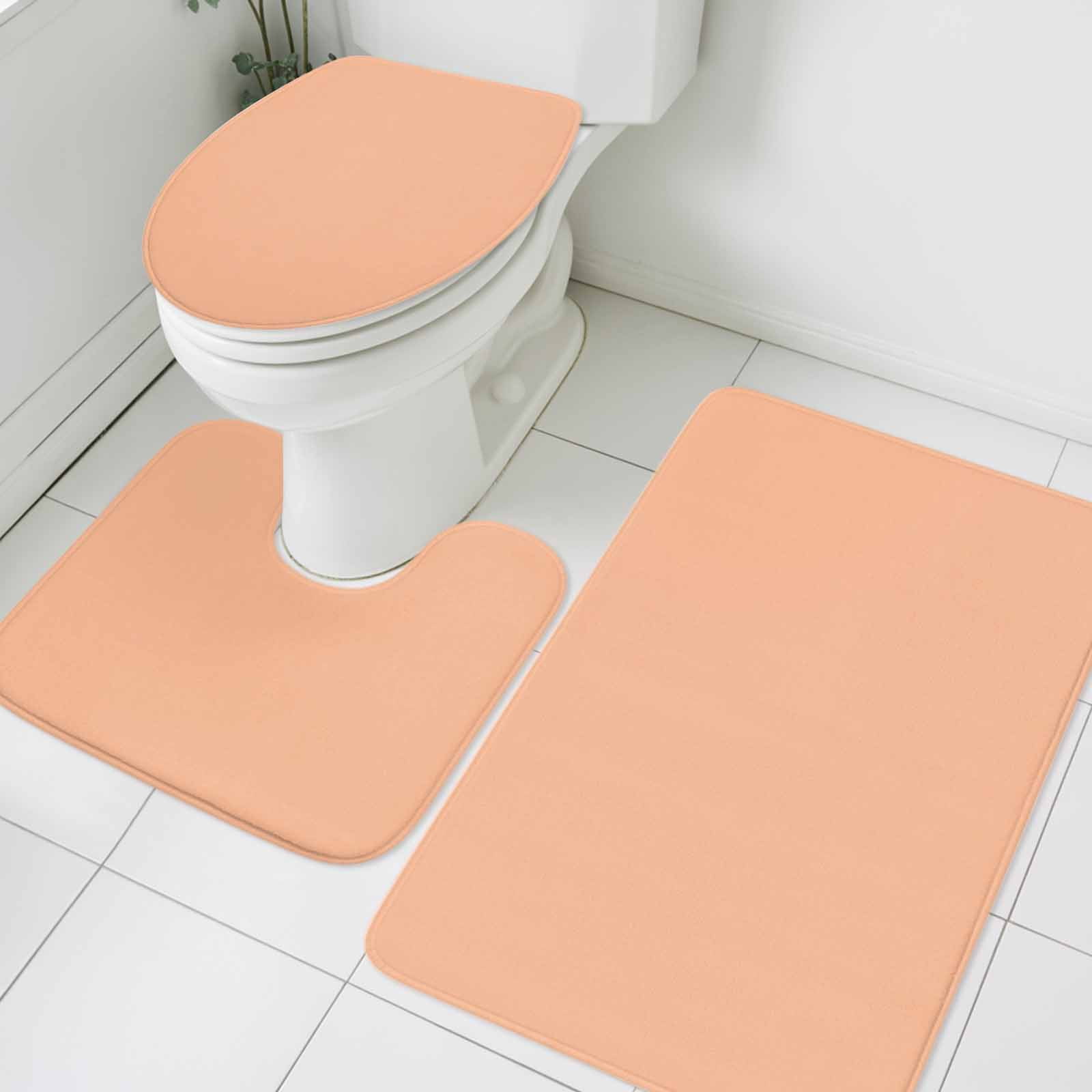 Peach Fuzz Bath Mat 3 Piece Bathroom Rug Set, Modern Pure Peach Fuzz Non Slip Bath Rug Contour Mat and Toilet Lid Cover, Absorbent Shower Mats Soft Bath Rugs and Mats Sets