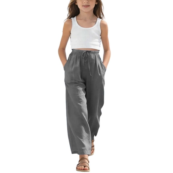 Bovxnpu Girls Cotton Casual Pants Linen Cotton Girls Shorts Casual with Pockets Drawstring Waist Pants