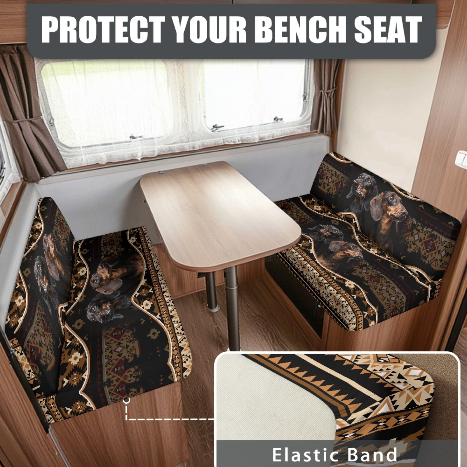 Kuiaobaty RV Dinette Cushions Covers Camper Cushion Slipcovers with 1 Backrest Cover & 1 Bench Cove for RV Sofa Slipcovers Accessories, American Tribal Dachshund Dog Pattern