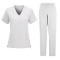 thumbnail image 2 of Domuza Scrub Set for Men Loose Fit Short Sleeve V-Neck Solid Color Top & Straight Leg Pants Stretch Soft Comfort Medical Workwear with Pockets White M, 2 of 5
