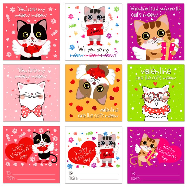 WaaHome 30PCS Valentine's Day Cards for Kids Cat Valentine Exchange