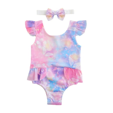 

Girls Swimsuits Toddler Baby 1 Piece Rainbow Butter-Fly Printed Ruffles Swimwear