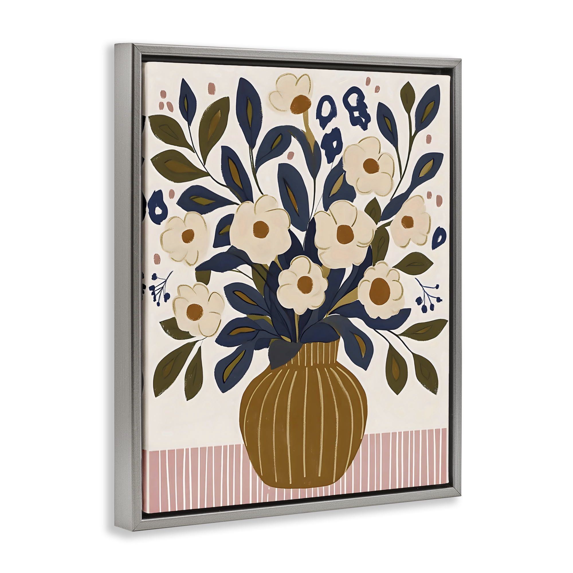 Stupell Industries Boho Floral Vase with Stripes Gray Framed Floater Canvas Wall Art, design by Creative Studio