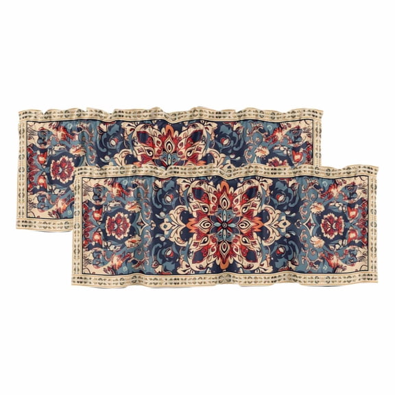 Bohemian Curtain Valances for Windows, Kitchen Valance Window Treatments Panel 2 Pack, Blue Retro Boho Ethnic Farmhouse Colorful Rod Pocket Short Curtains for Bathroom Bedroom 42 x 12 Inch
