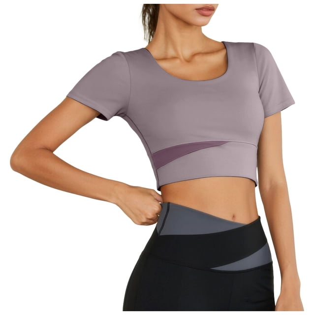 DAFEI Workout Tank Tops for Women Side Ruched Short Sleeve High Neck Crop Top Summer Athletic Gym Shirts