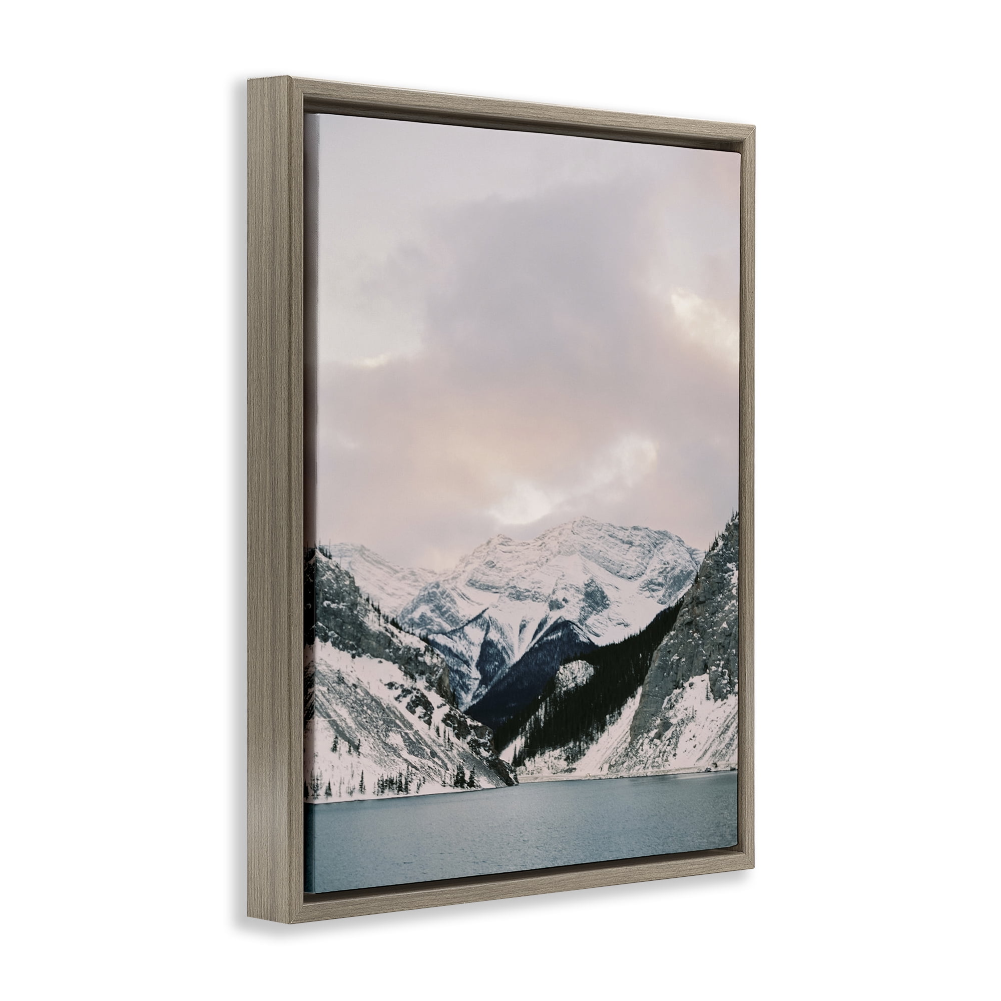 Stupell Industries Snowy Peaks Seascape Landscape Photography Brown Floater Framed Art Print Wall Art, 17 x 21