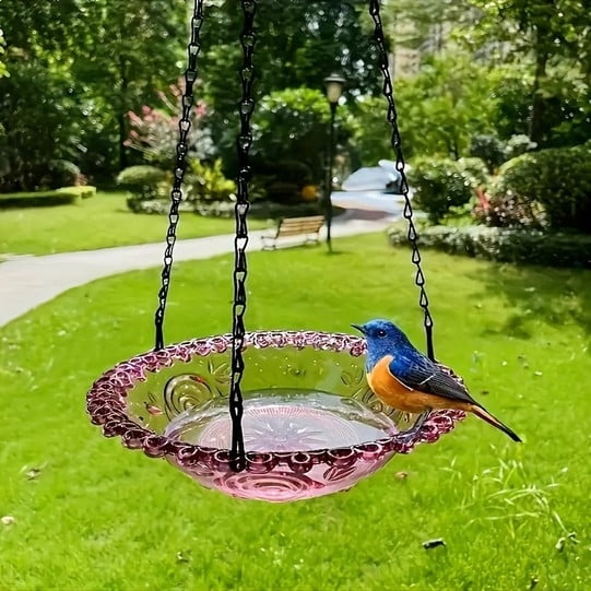 Secfreeship Hanging Bird Feeder, Hanging Bird Bath for Outdoors, Acrylic Bird Water Bowl for Garden Yard Decor 9x1.9 Inch (Purple Color)