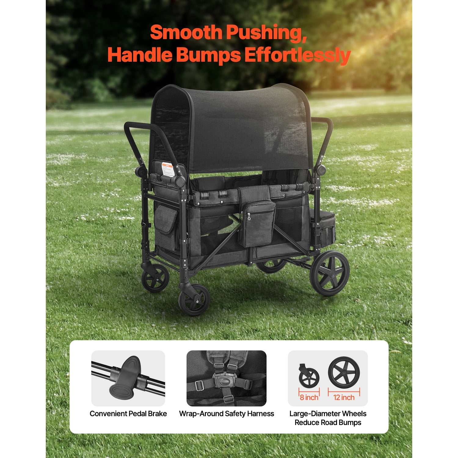 KFFKFF Four-Child Buggy, Adjustable Handle Quad Folding Carriage, Safety Straps & Detachable Shade, Quad Seating Buggy for Outdoor Activities, Charcoal Grey & Ebony (330LBS Capacity)