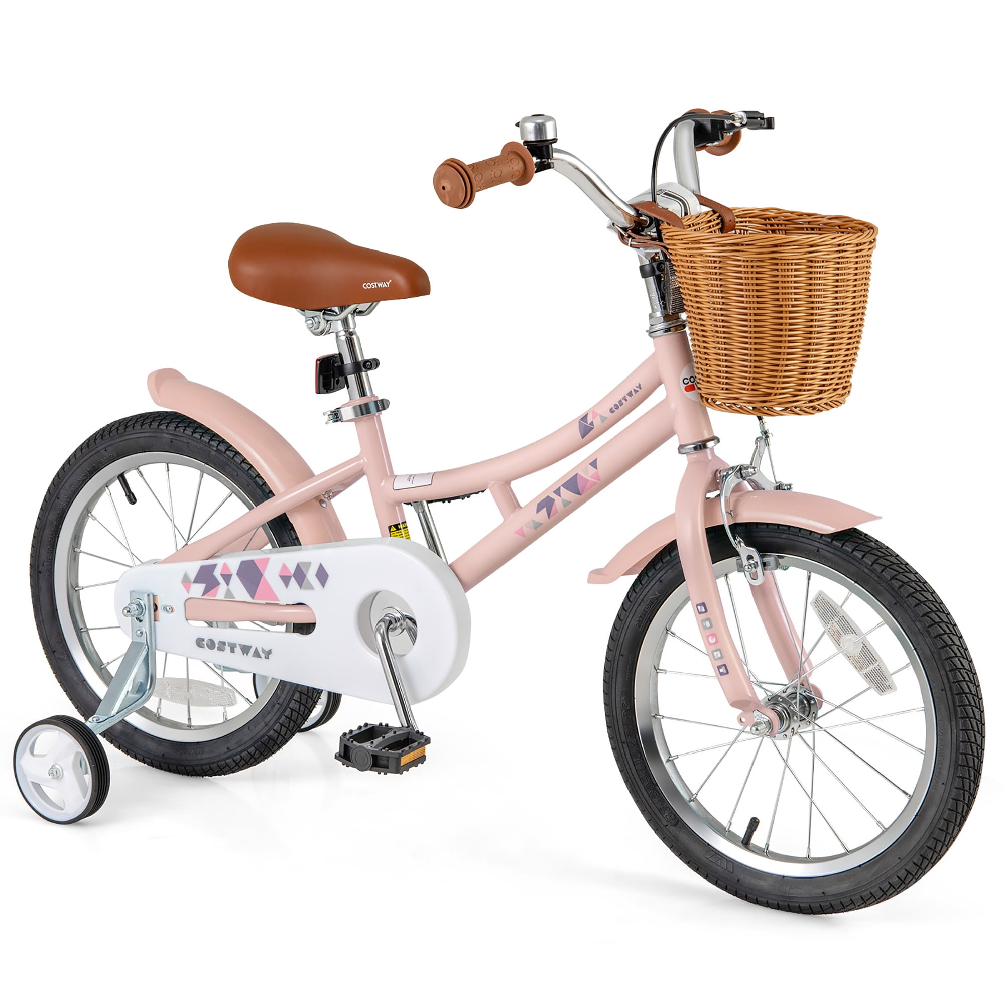 Gymax 16 Kids Bike w Height Adjustable Handlebar Seat Basket Bell Training Wheels Pink