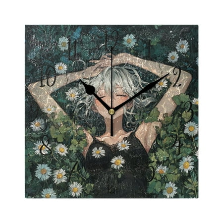 WOBOGO Silver Hair Lass Wall Clock 7.78 Inch Battery Operated Silent Unit Square Rustic Vintage Style for Home Bedroom Office Black Pointer