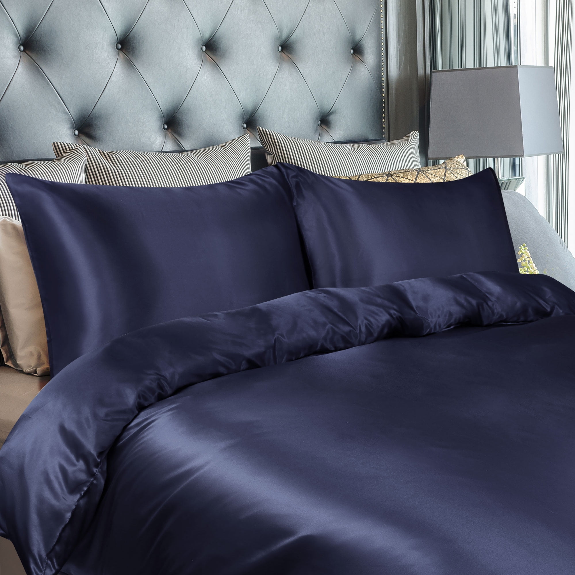 Unique Bargains Satin Duvet Cover Set of 3 with 2 Pillowcase Queen Navy
