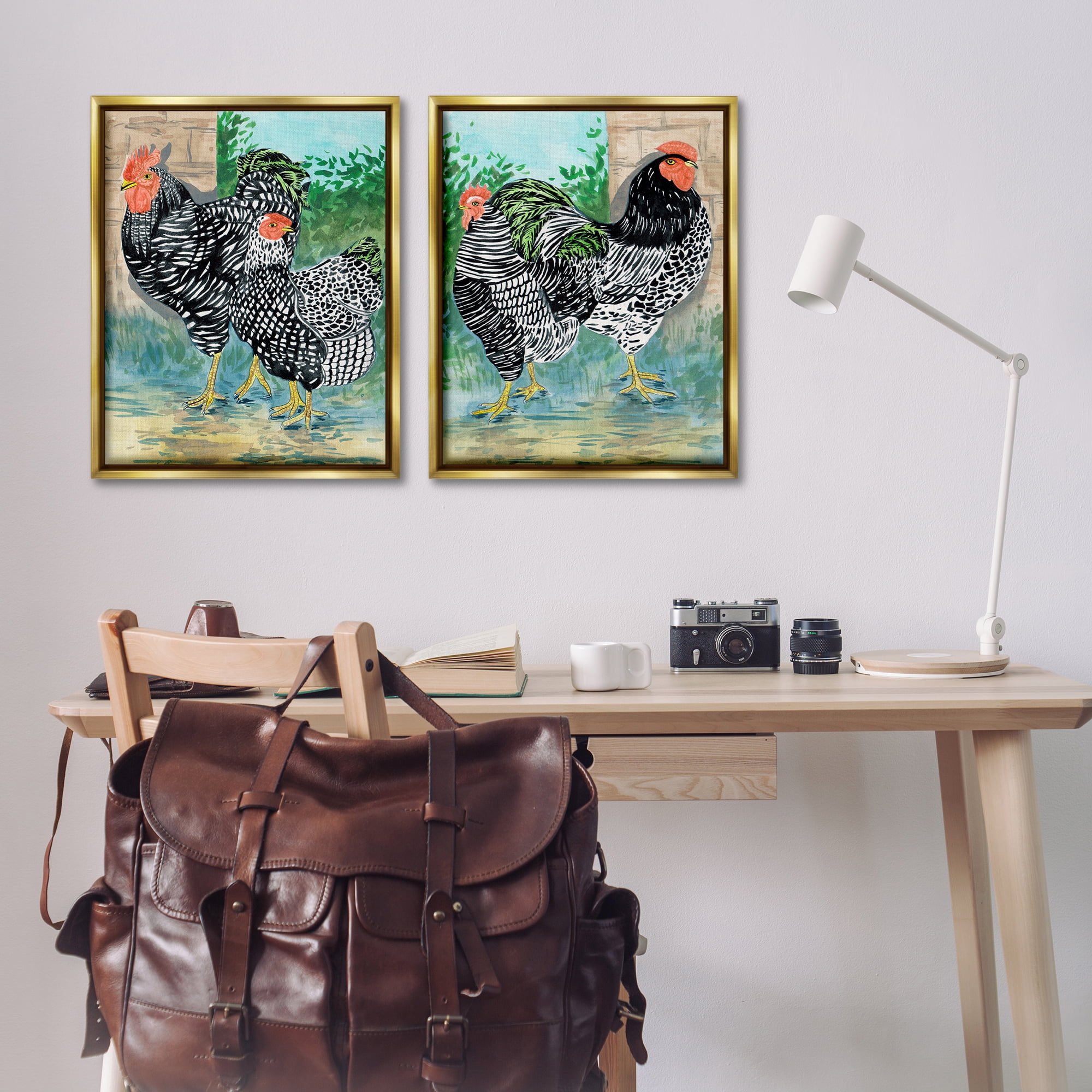 Stupell Industries Rooster and Hen Foraging Animals Painting Gold Floater Framed Canvas Art Print Wall Art, 31 x 25, Set of 2