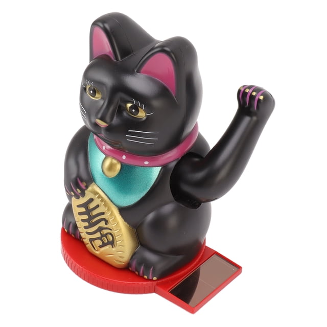 4 Inch Arm Waving Fortune Cat, Solar Powered Lovely Chinese Cat with Rotating Base, Plastic Lucky Cat Statue Decoration for Decorating Front Desk Car Business Openings