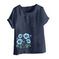 thumbnail image 4 of DDAPJ pyju Linen Tops for Women Short Sleeve Floral Print Tshirts Loose Fit Round Neck Casual Dressy Blouse Lightning Sales Navy M, 4 of 5