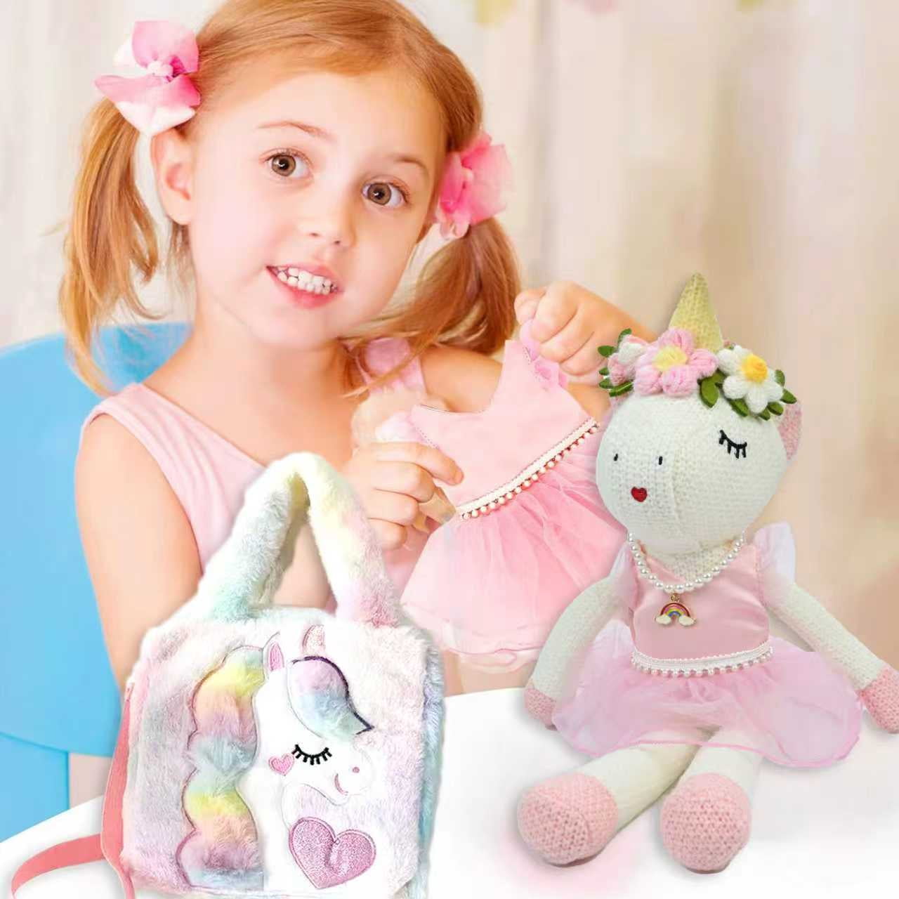 LINXUXIE Unicorns Stuffed Animal Doll Toys, Plush Doll with Cloth, Shoe, Bag, Ballet Dress Up Doll for Girl, Birthday Gifts for 1-3 3-5 5-8 Year Old