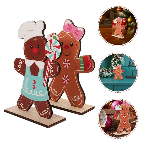 FRCOLOR 2pcs Gingerbread Man Ornaments Wooden Gingerbread Man Decorations with Lollipop for Holiday Tiered Tray Decor and Winter Centerpieces
