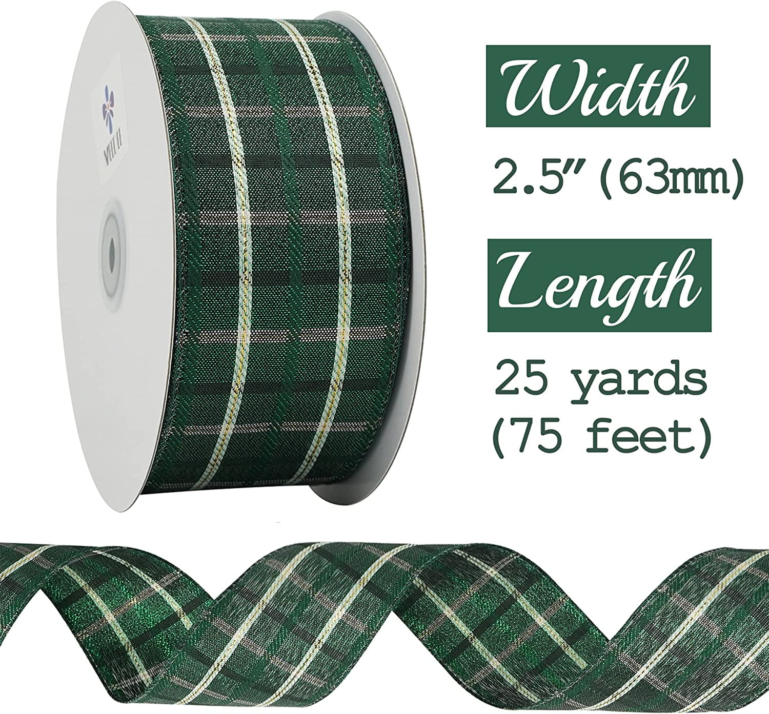 Green Plaid Tartan Checkered Christmas Tree Ribbon - 2.5" Wired in Green - 25 Yards - Perfect for Holidays