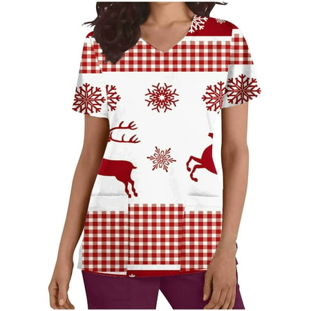 

Christmas Scrubs for Women Snowman Xmas Santa Claus Printed V Neck Nurse Working Uniforms Holiday Medical Scrub Tops with Pockets