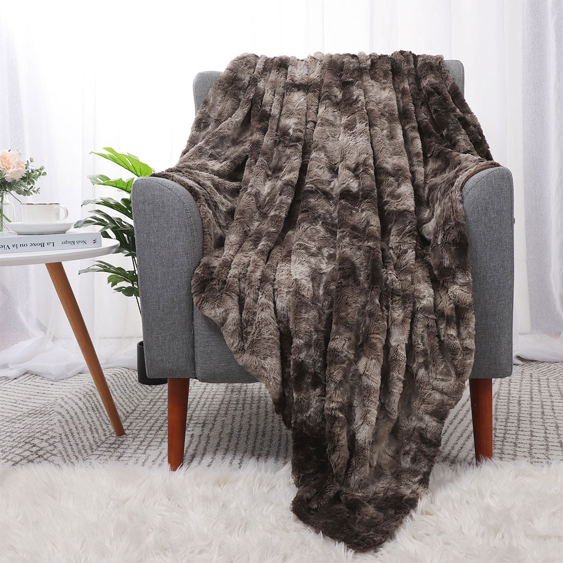 Unique Bargains Soft Fluffy Shaggy Faux Fur Blanket, Twin, Brown