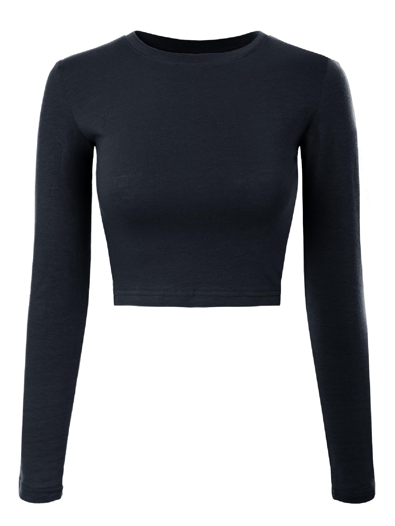 Made by Olivia Women's Solid Long Sleeve Round Neck Crop T Shirt Top ...