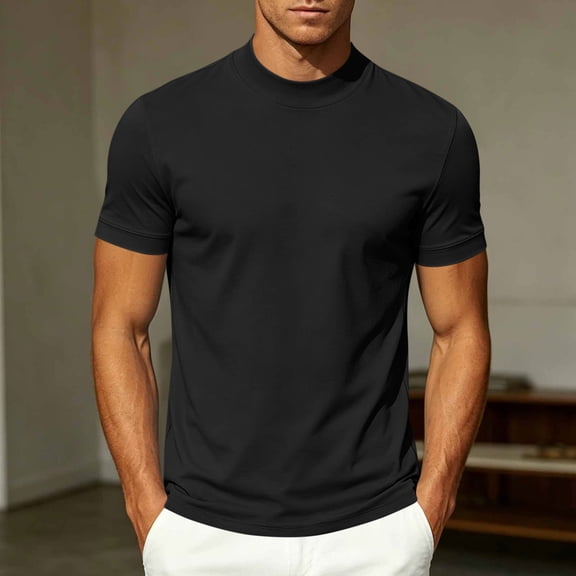Ceisia Soft Stretch Mock Neck Mens Solid Tees Short Sleeve Basic Casual Tops Slim Fit Blouse For Indoor Outdoor Daily Fashion Matching Looks Black L Gift