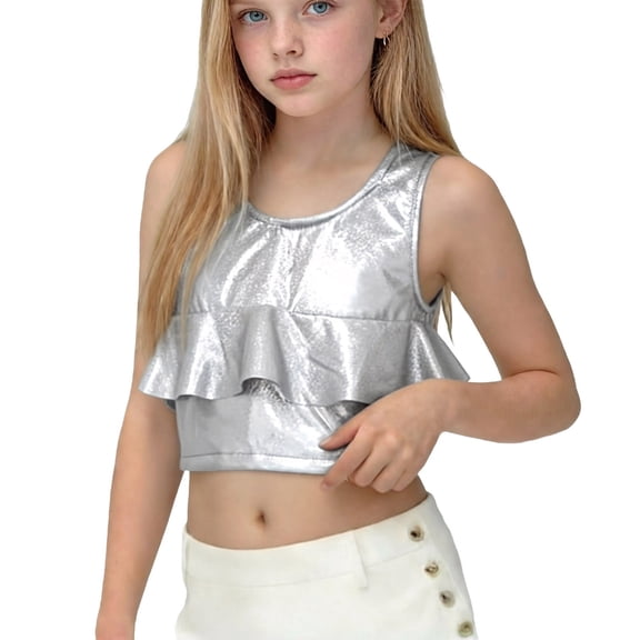 ITSAME Tank Top for Girls, Sequin Round Neck Ruffled Carnival Glitter Party Performance Costumes for Kids Silver 13-14T