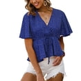 thumbnail image 1 of Camisa de manga corta con cuello en V y lunares para mujer, blusa de gasa holgada de verano con volantes informales a la moda, color azul real L, 1 of 5