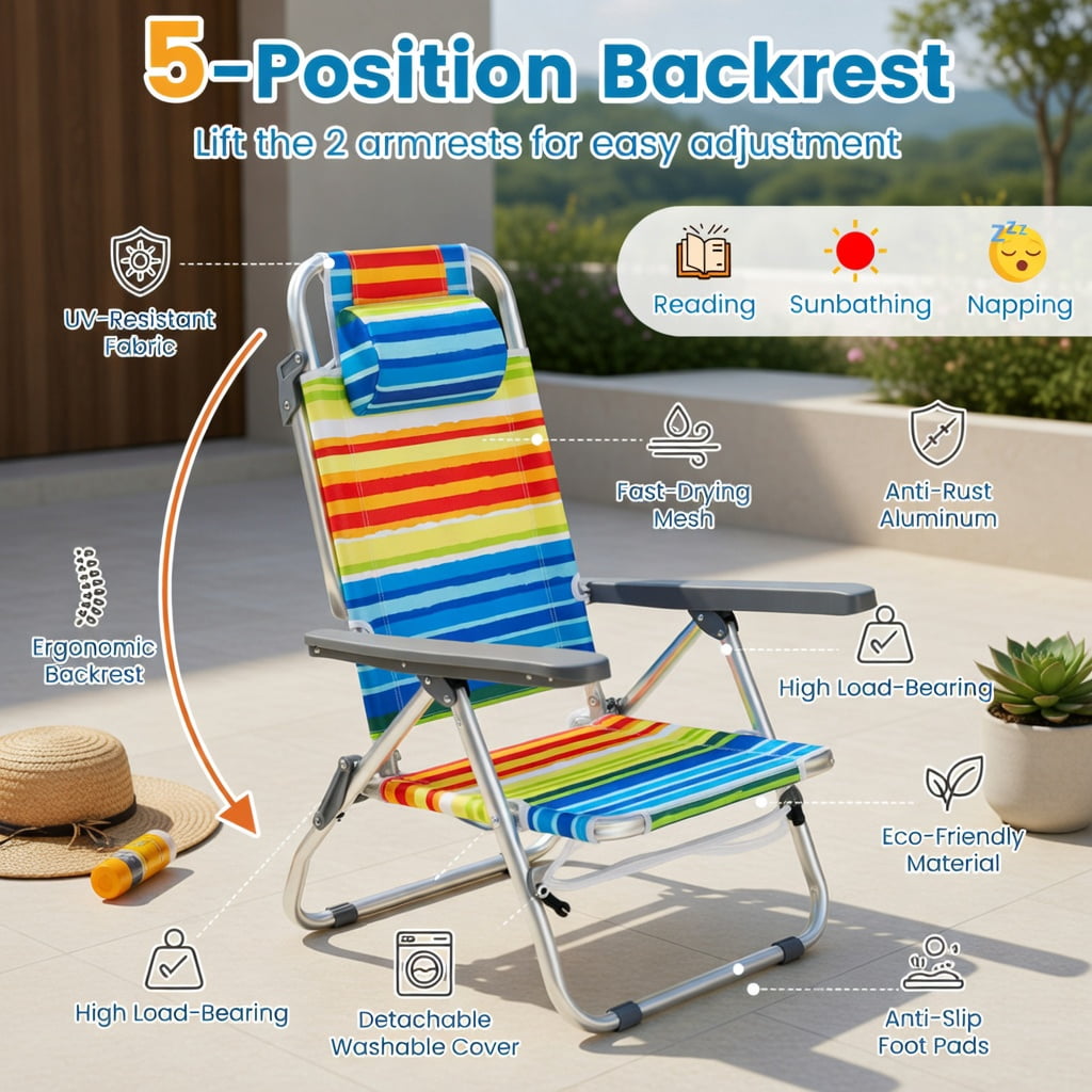 Hommoo 2-Pack Portable Beach Chairs with 5-Position Recline, Padded Headrest, Insulated Cooler Bag & Aluminum Frame, Yellow