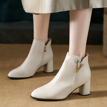 

Cathalem Low Boots for Women Fashion Women Solid Color Autumn Thick Sole Square Heels Zipper Short Womens Rain Boots Size 7 White 6.5