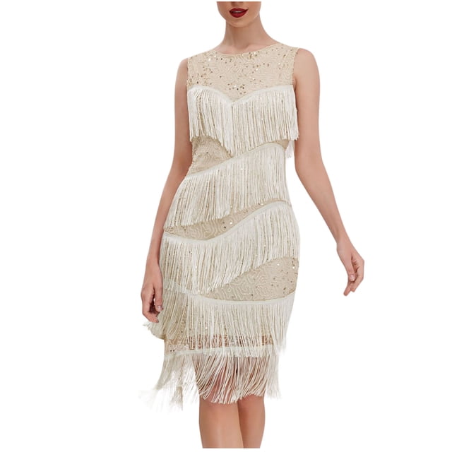 Birdeem Robe Mode Femme Sans Manches à Franges Scintillantes Col Rond Longueur Genou