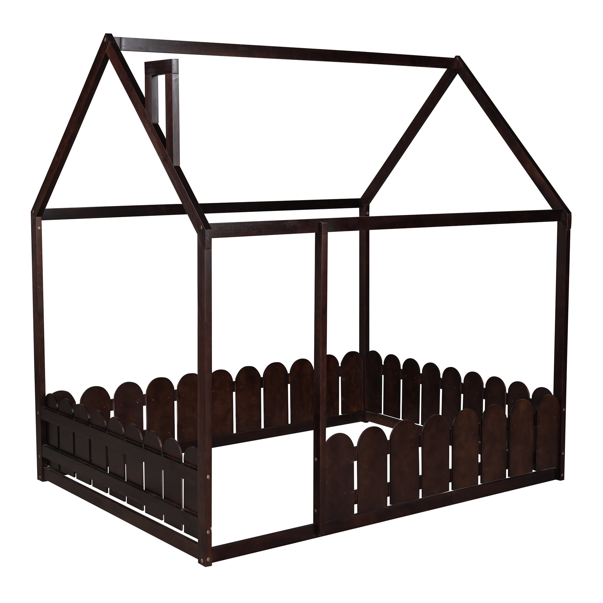 Full Size Wood Bed House, Cabin Bed with Roof, Bed Frame with Fence for Kids, Teens, Girls, Boys (Espresso )